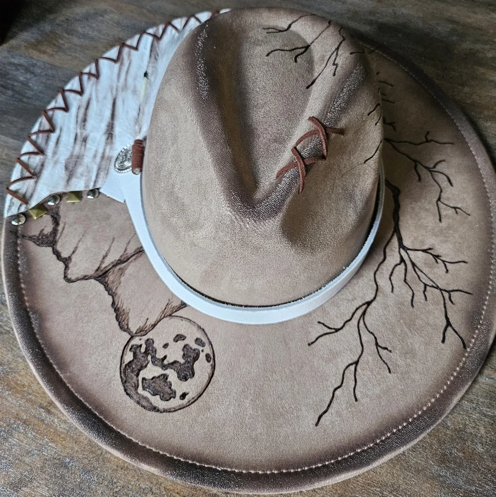 NWT Mocha Hand Burned Western Fedora Cowboy Hat With Genuine Leather
